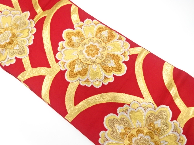 JAPANESE KIMONO / ANTIQUE FUKURO OBI / WOVEN FLORAL CREST & MOUNTAINS